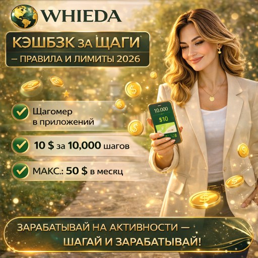 WHIEDA: кэшбэк за шаги — правила и лимиты 2026