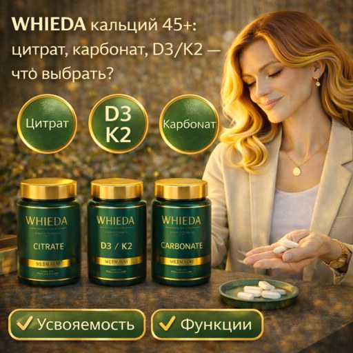 WHIEDA кальций 45+: цитрат, карбонат, D3/K2 — что выбрать?